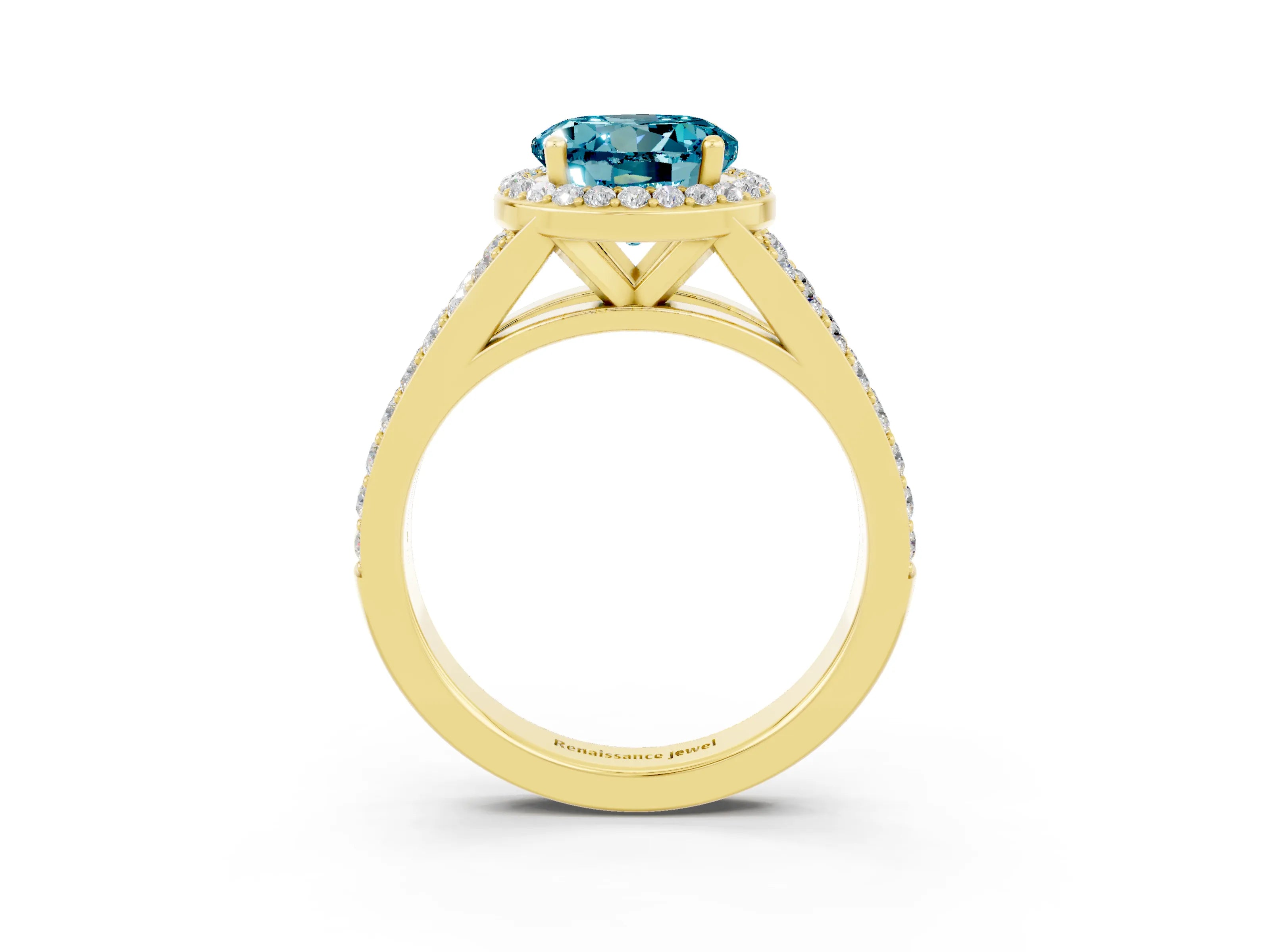 Yellow gold Round Cut Blue Topaz Split Shank Halo Ring with Four-Prong Setting_15