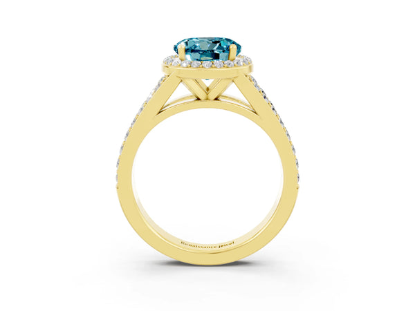 Yellow gold Round Cut Blue Topaz Split Shank Halo Ring with Four-Prong Setting