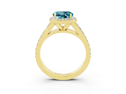 Yellow gold Round Cut Blue Topaz Split Shank Halo Ring with Four-Prong Setting_15