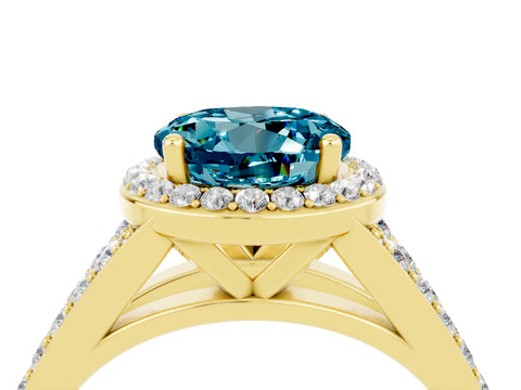 Yellow gold Round Cut Blue Topaz Split Shank Halo Ring with Four-Prong Setting_16