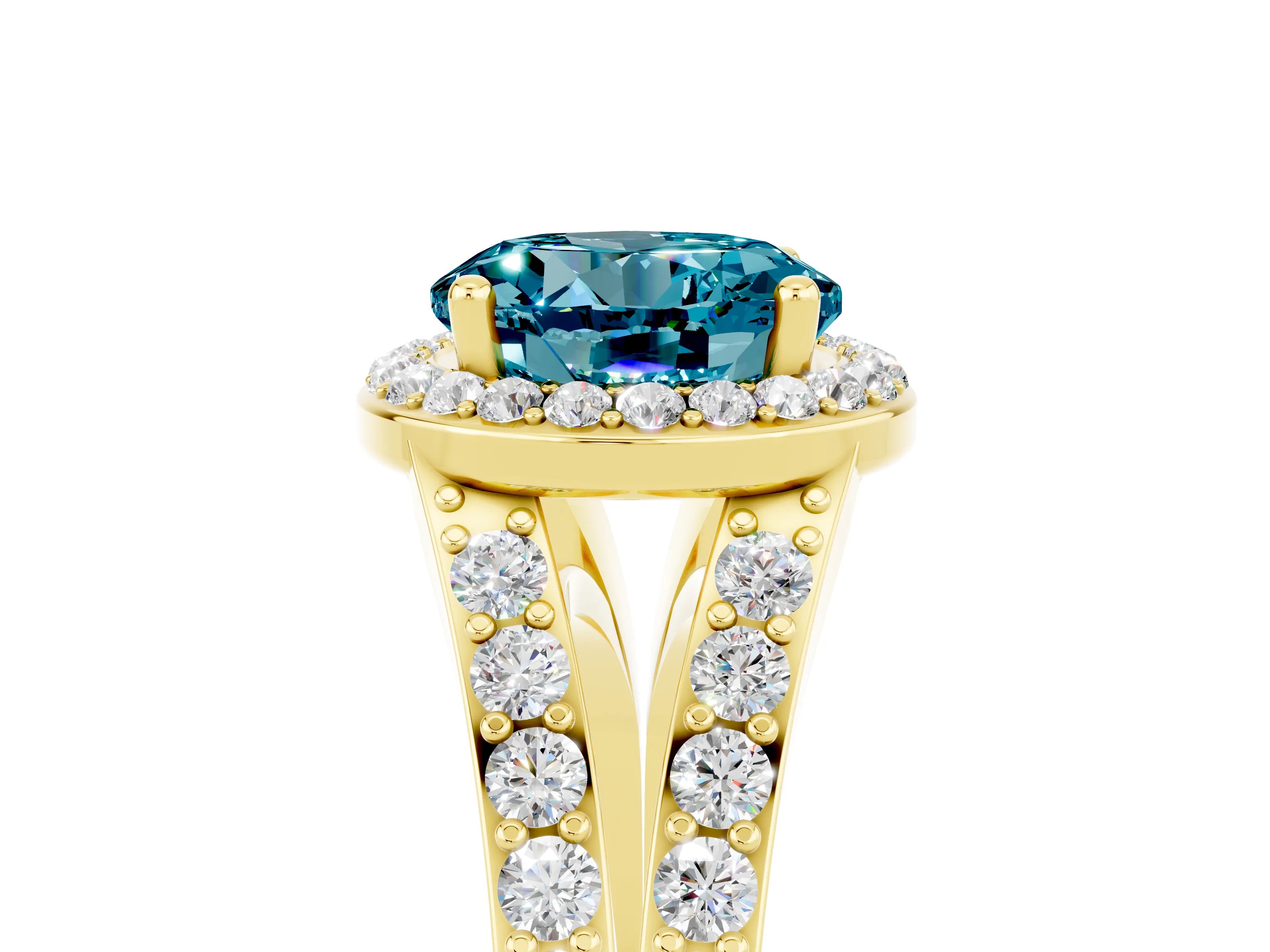 Yellow gold Round Cut Blue Topaz Split Shank Halo Ring with Four-Prong Setting_17