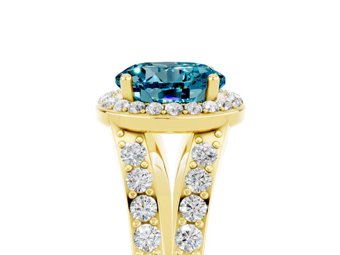 Yellow gold Round Cut Blue Topaz Split Shank Halo Ring with Four-Prong Setting_17