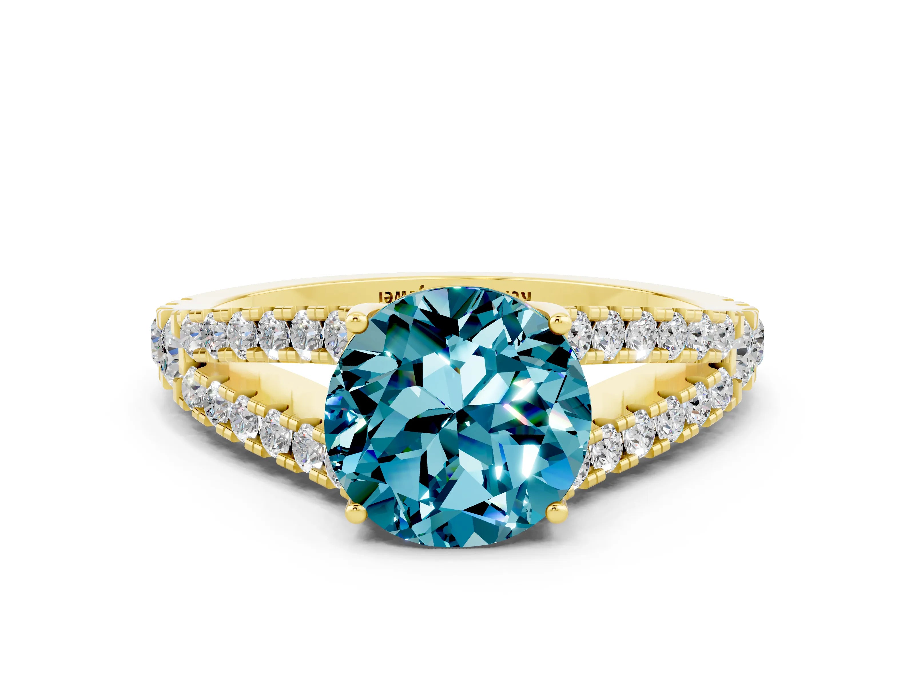 Yellow gold Round Cut Blue Topaz Split Shank Pavé Engagement Ring with Four-Prong Setting_12