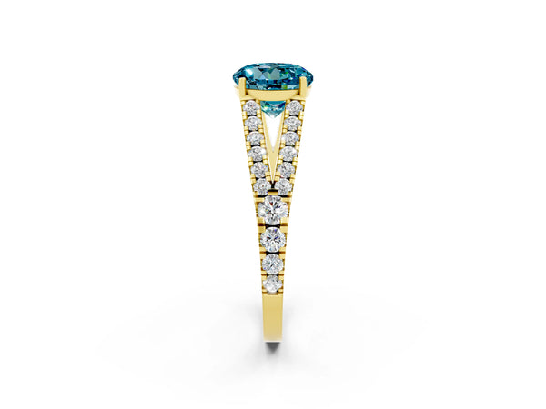 Yellow gold Round Cut Blue Topaz Split Shank Pavé Engagement Ring with Four-Prong Setting