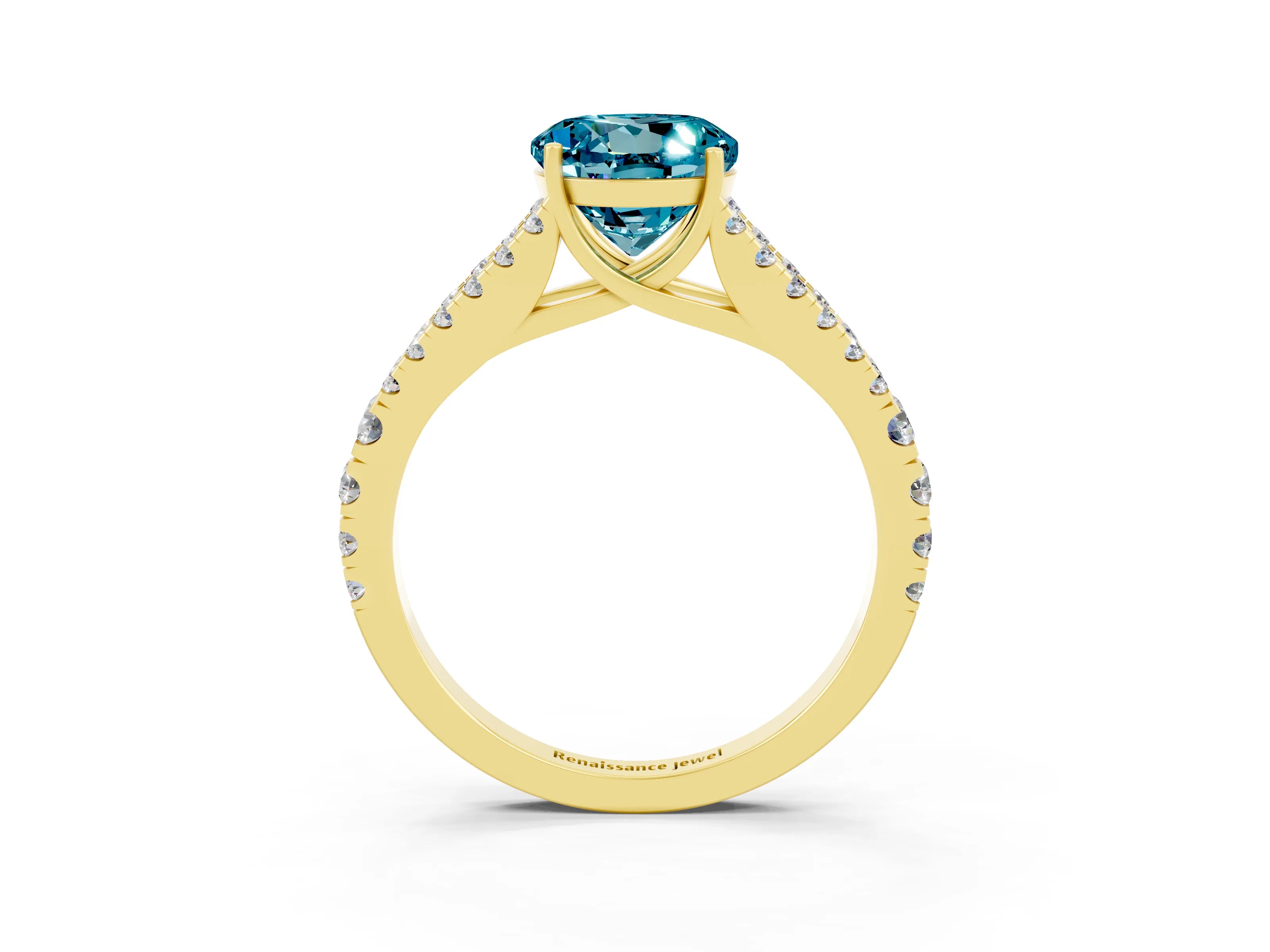 Yellow gold Round Cut Blue Topaz Split Shank Pavé Engagement Ring with Four-Prong Setting_15