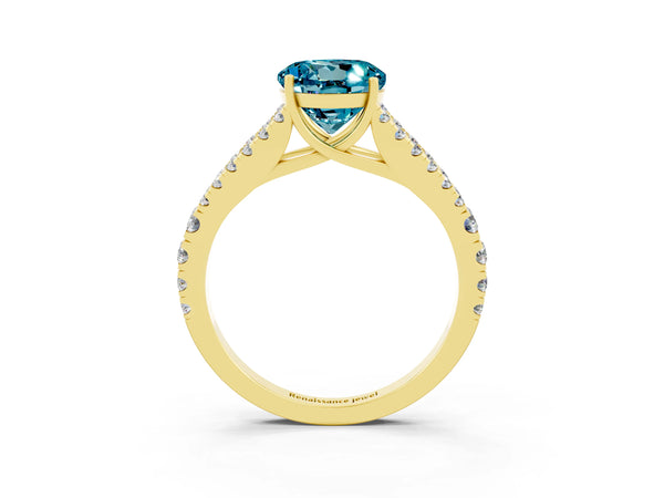 Yellow gold Round Cut Blue Topaz Split Shank Pavé Engagement Ring with Four-Prong Setting