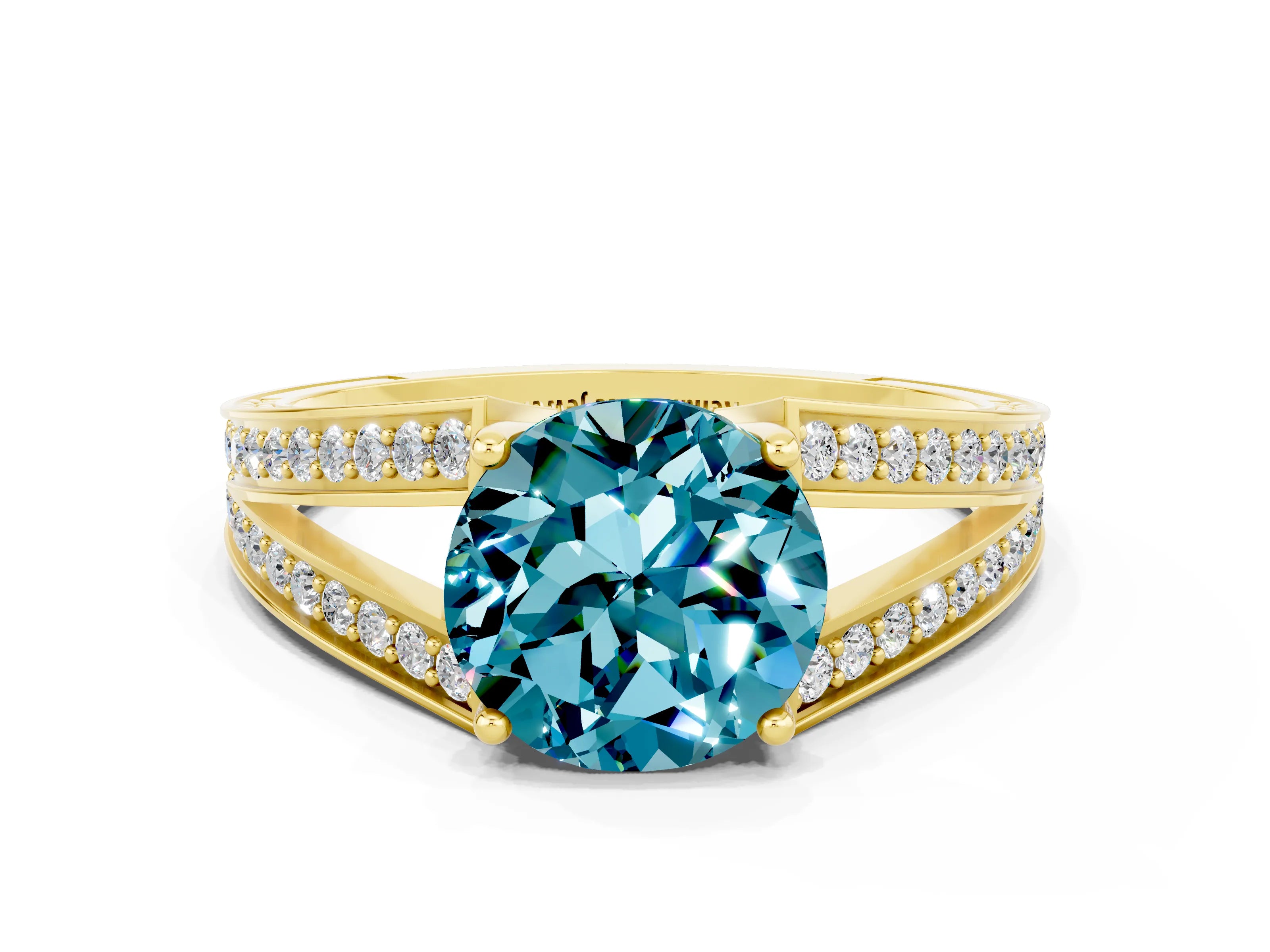 Yellow gold Round Cut Blue Topaz Split Shank Ring with Pavé Band and Four-Prong Setting