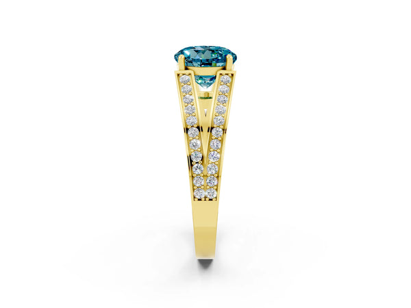 Yellow gold Round Cut Blue Topaz Split Shank Ring with Pavé Band and Four-Prong Setting