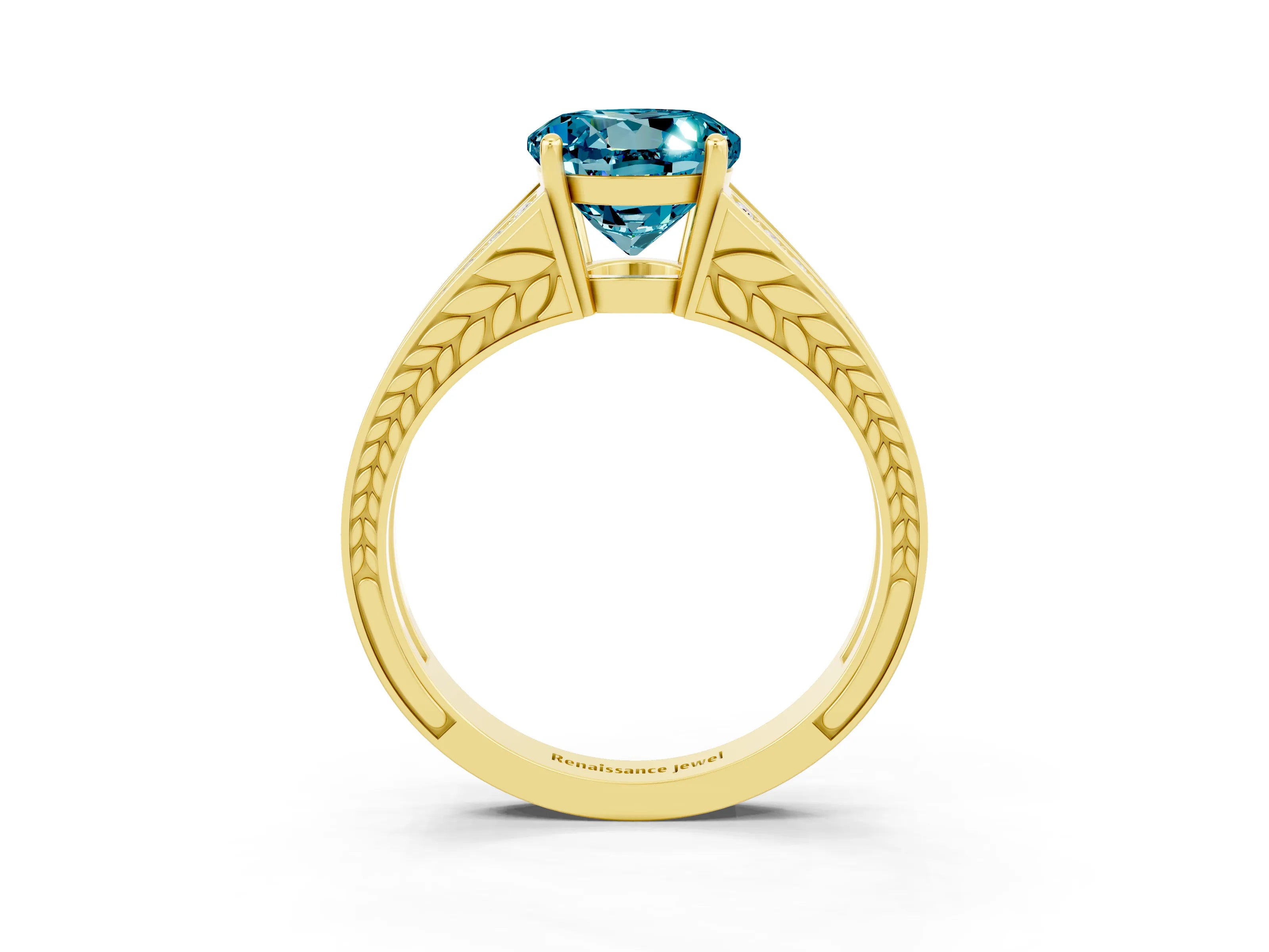 Yellow gold Round Cut Blue Topaz Split Shank Ring with Pavé Band and Four-Prong Setting_3