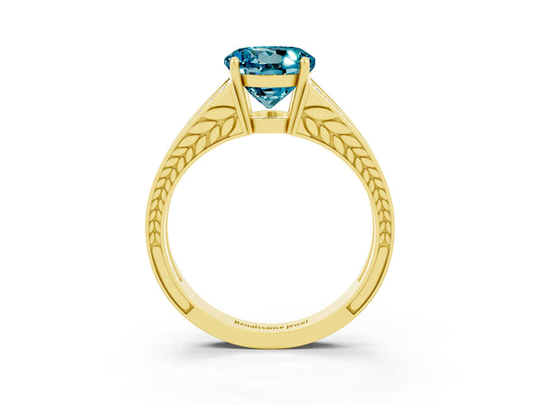 Yellow gold Round Cut Blue Topaz Split Shank Ring with Pavé Band and Four-Prong Setting