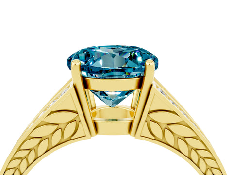 Yellow gold Round Cut Blue Topaz Split Shank Ring with Pavé Band and Four-Prong Setting_4