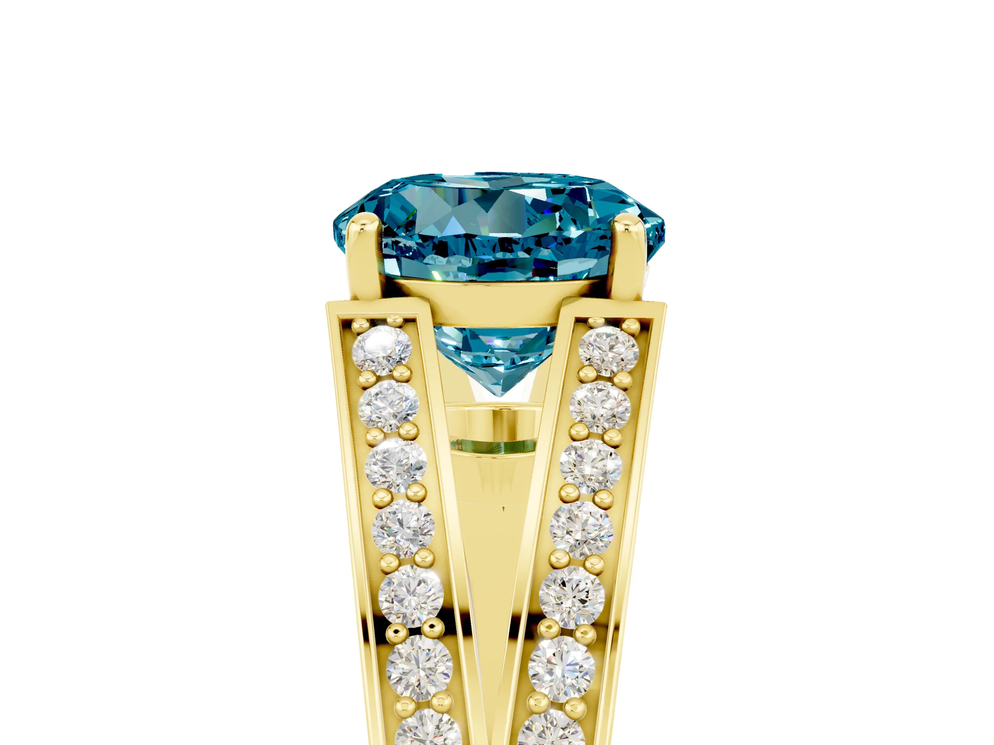 Yellow gold Round Cut Blue Topaz Split Shank Ring with Pavé Band and Four-Prong Setting_5