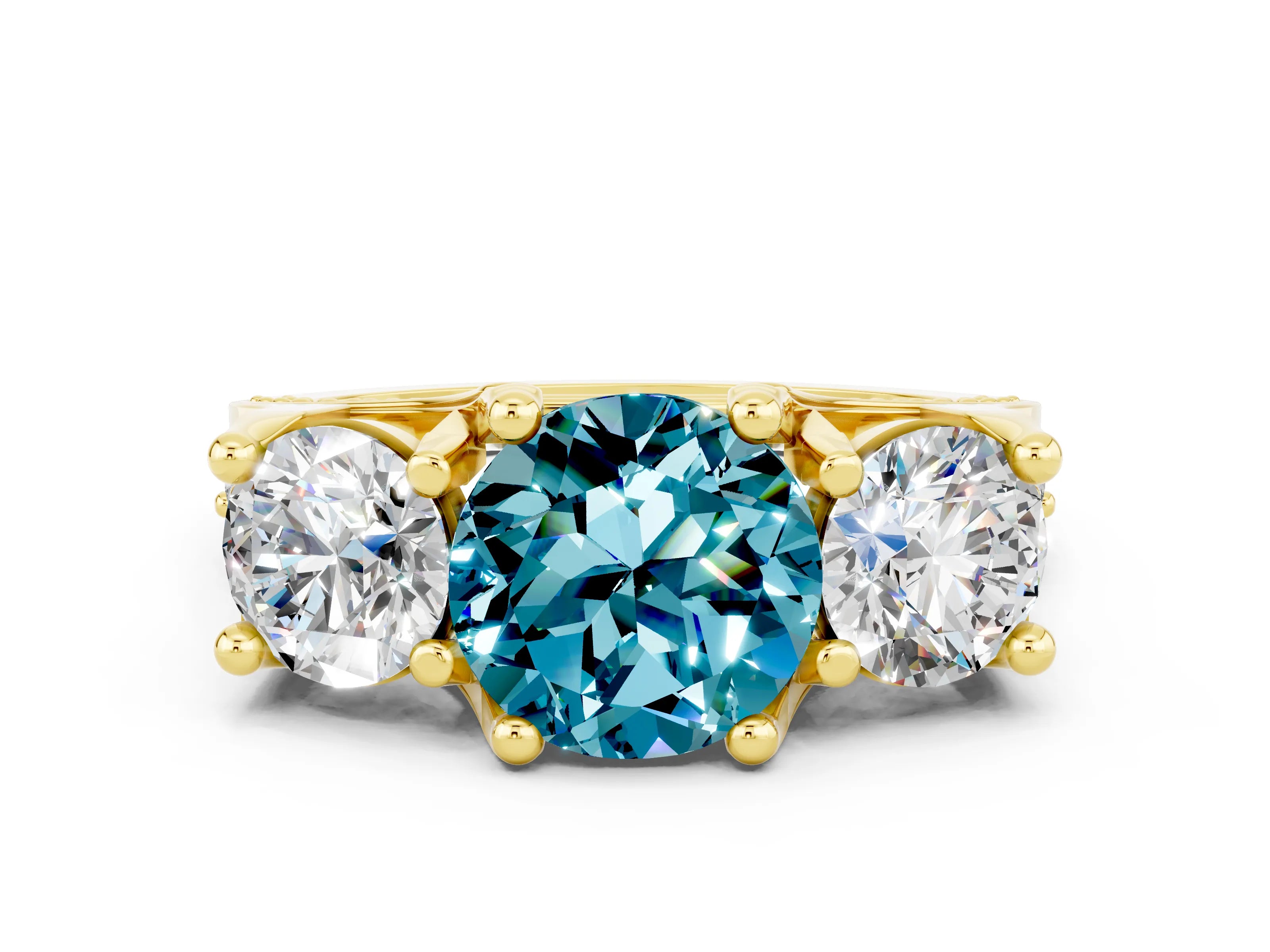 Yellow gold Round Cut Blue Topaz Three-Stone Ring with Channel Set Band and Four-Prong Setting