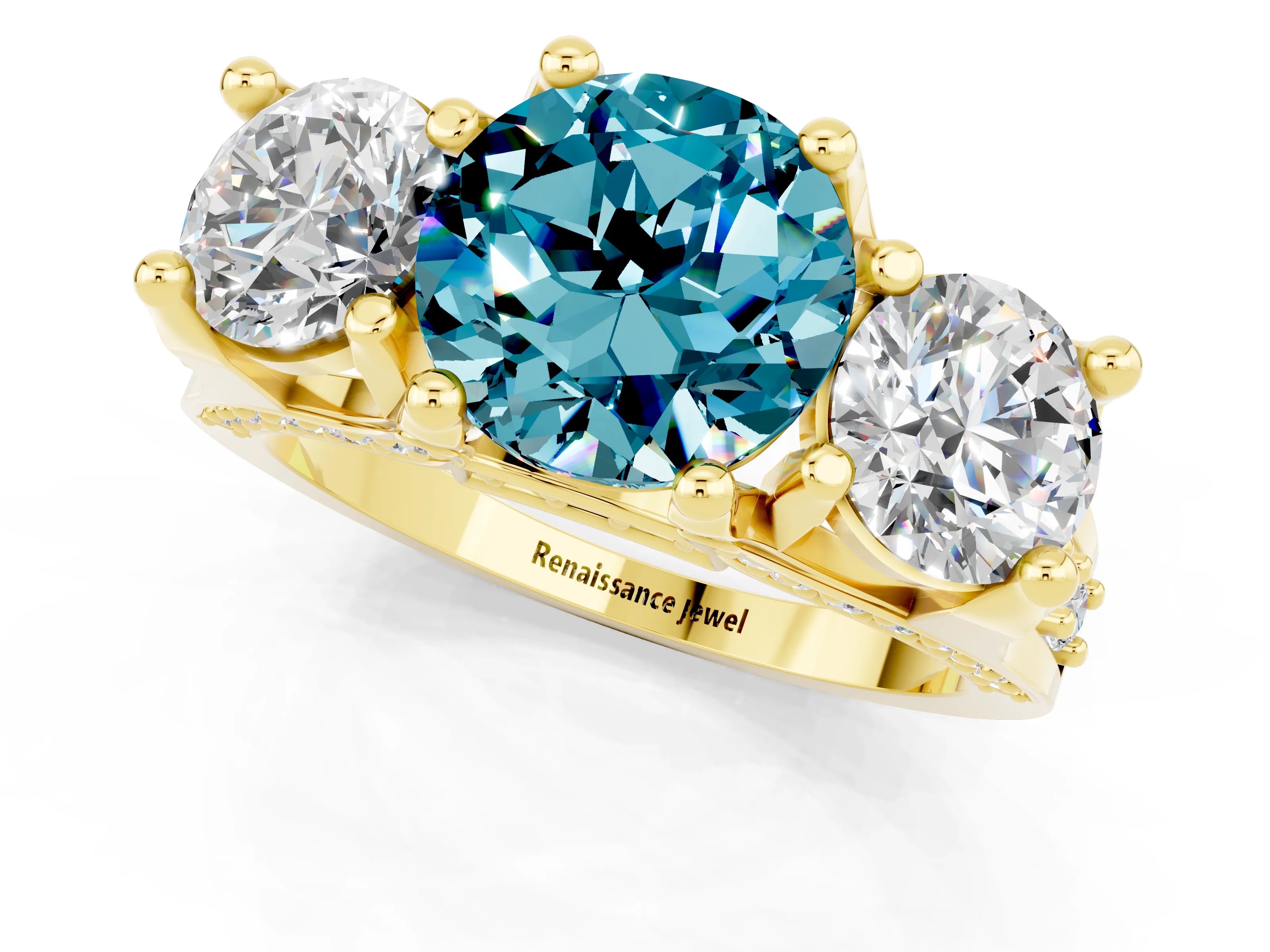 Yellow gold Round Cut Blue Topaz Three-Stone Ring with Channel Set Band and Four-Prong Setting_1