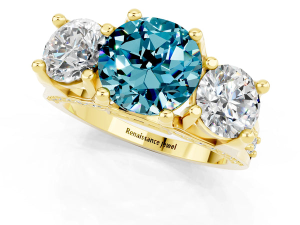 Yellow gold Round Cut Blue Topaz Three-Stone Ring with Channel Set Band and Four-Prong Setting