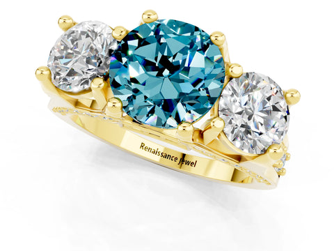 Yellow gold Round Cut Blue Topaz Three-Stone Ring with Channel Set Band and Four-Prong Setting_1