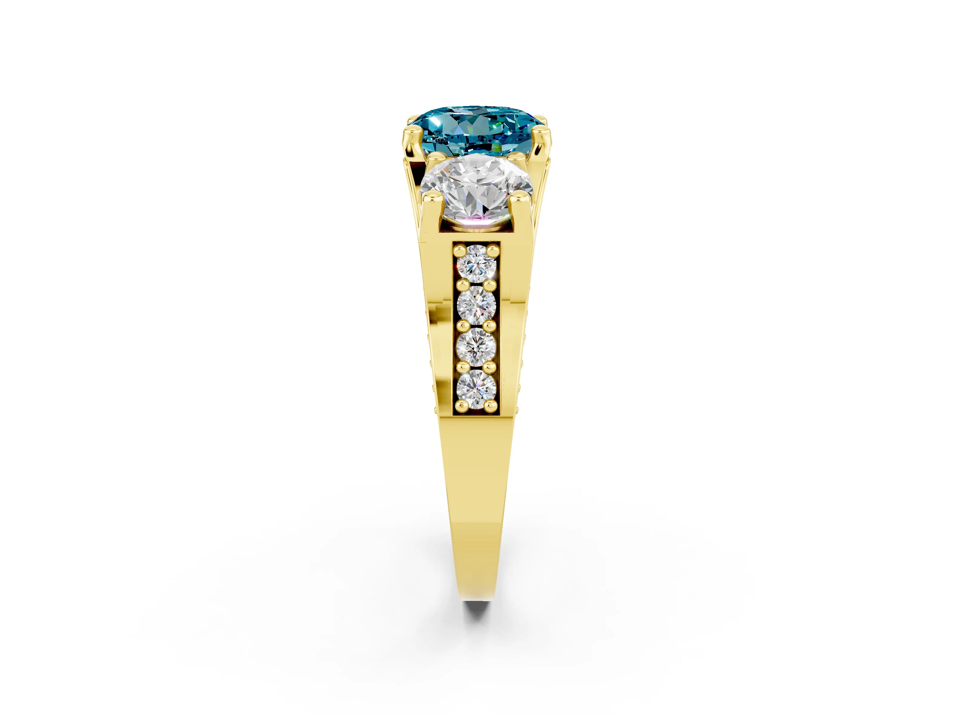 Yellow gold Round Cut Blue Topaz Three-Stone Ring with Channel Set Band and Four-Prong Setting_2