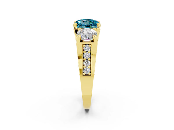 Yellow gold Round Cut Blue Topaz Three-Stone Ring with Channel Set Band and Four-Prong Setting