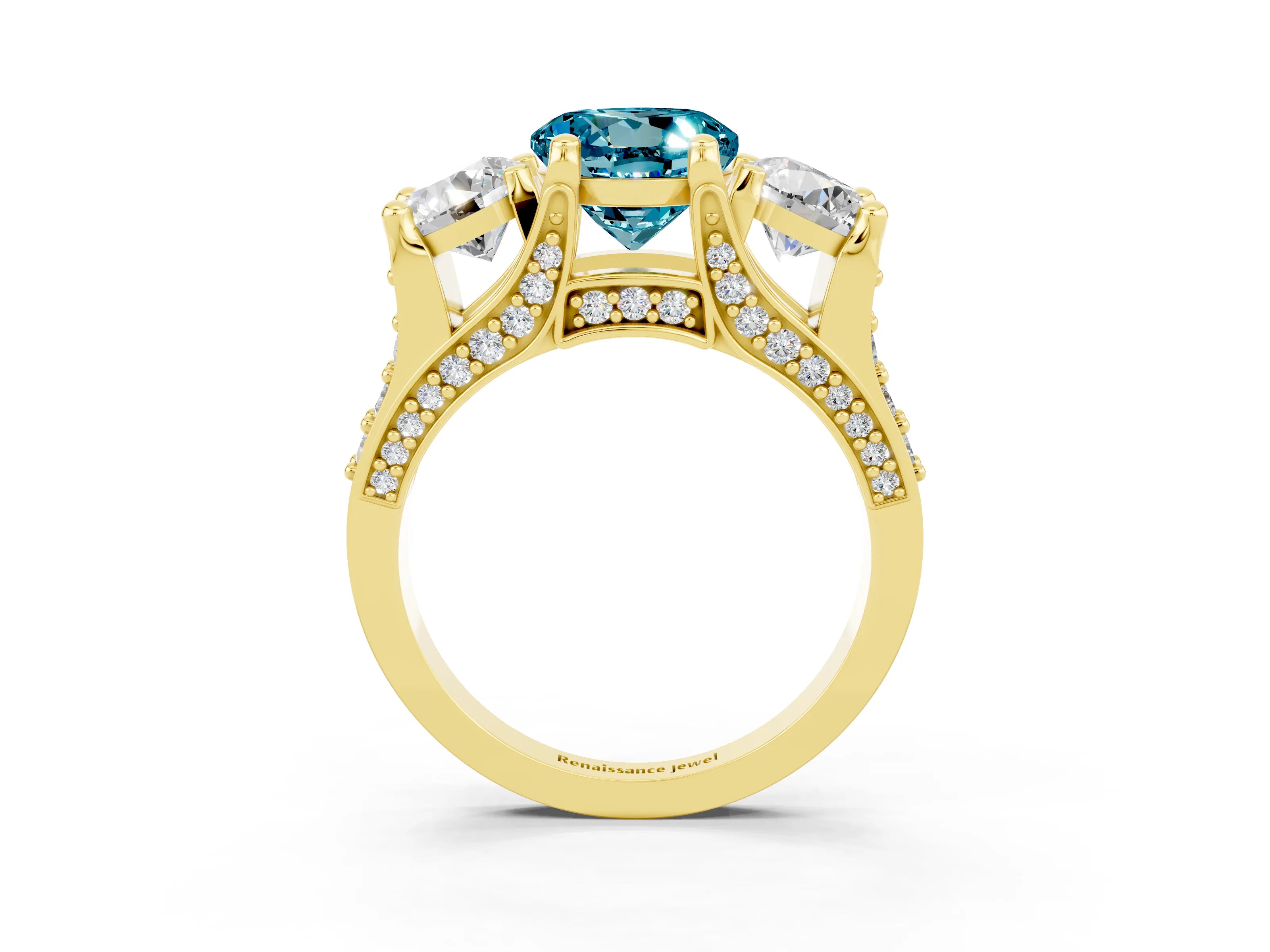 Yellow gold Round Cut Blue Topaz Three-Stone Ring with Channel Set Band and Four-Prong Setting_3