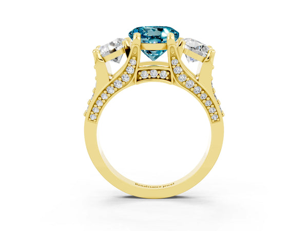Yellow gold Round Cut Blue Topaz Three-Stone Ring with Channel Set Band and Four-Prong Setting