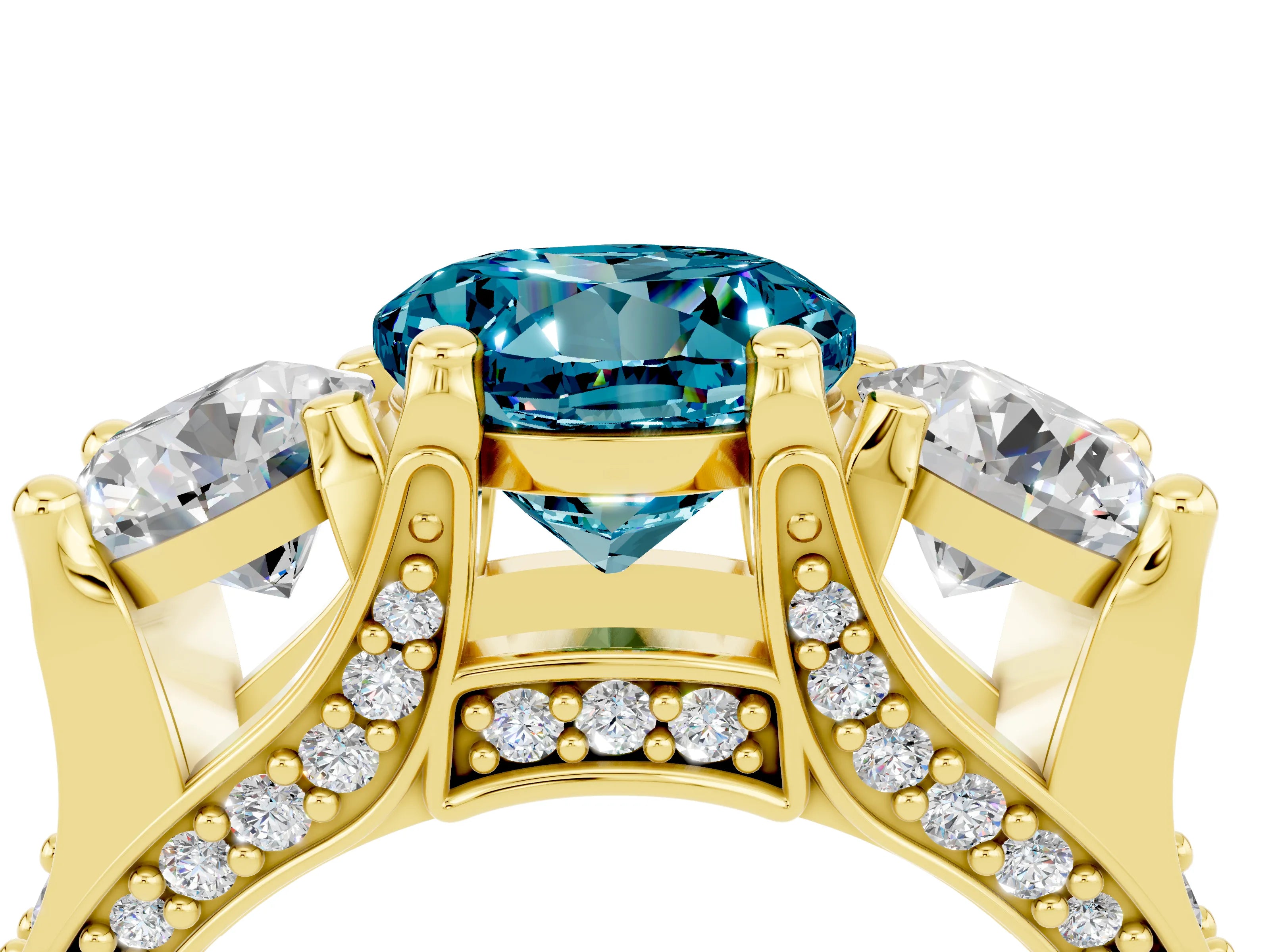 Yellow gold Round Cut Blue Topaz Three-Stone Ring with Channel Set Band and Four-Prong Setting_4