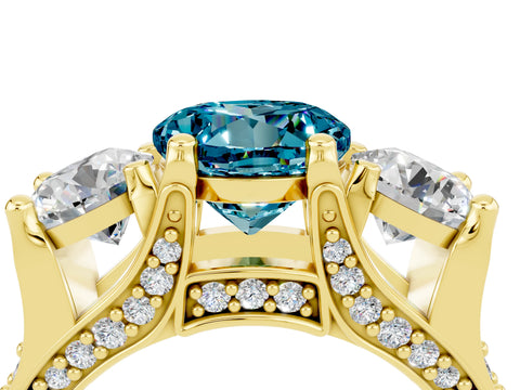 Yellow gold Round Cut Blue Topaz Three-Stone Ring with Channel Set Band and Four-Prong Setting_4