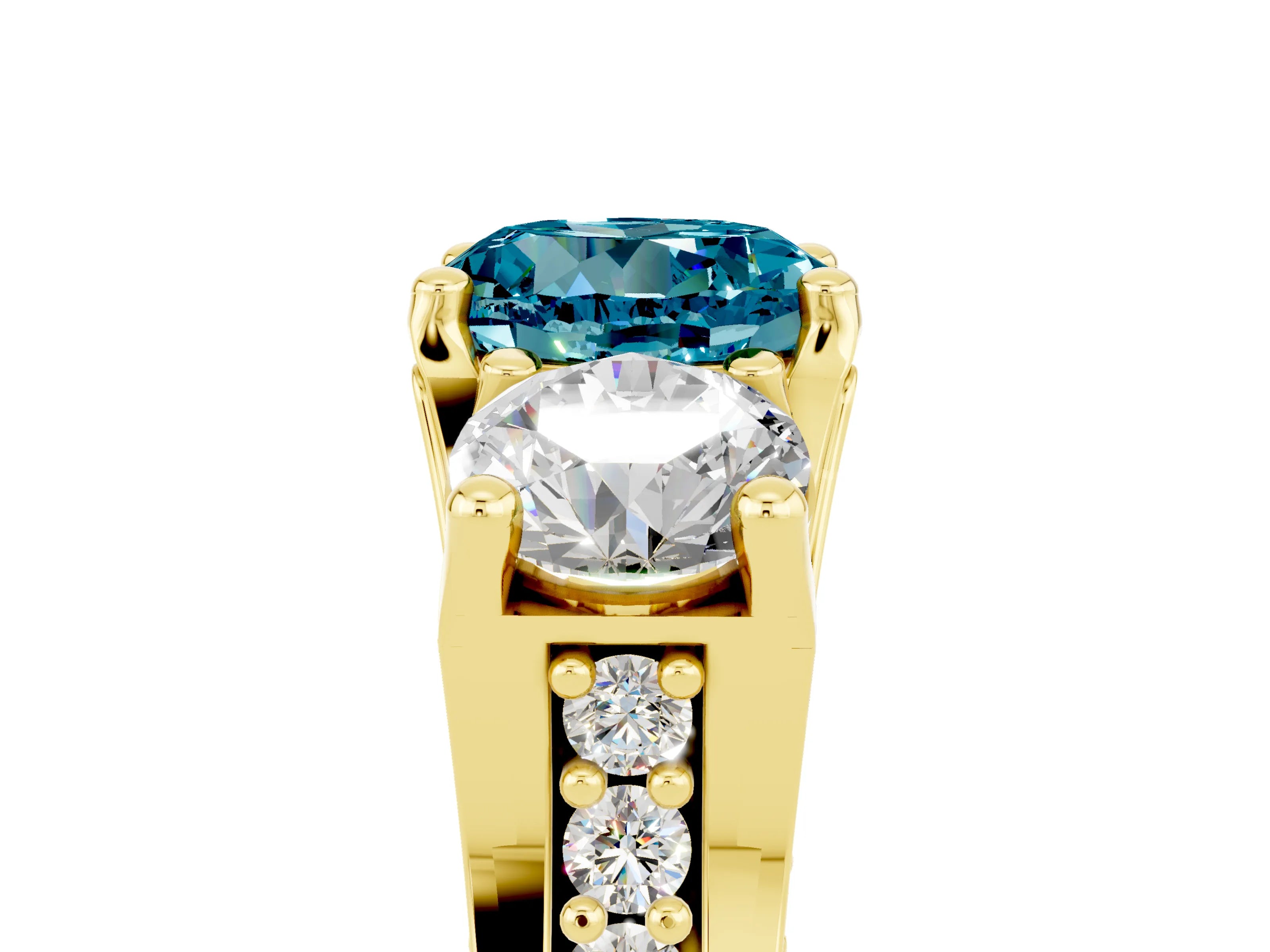 Yellow gold Round Cut Blue Topaz Three-Stone Ring with Channel Set Band and Four-Prong Setting_5