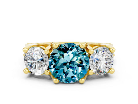 Yellow gold Round Cut Blue Topaz Three-Stone Ring with Channel Set Band and Four-Prong Setting