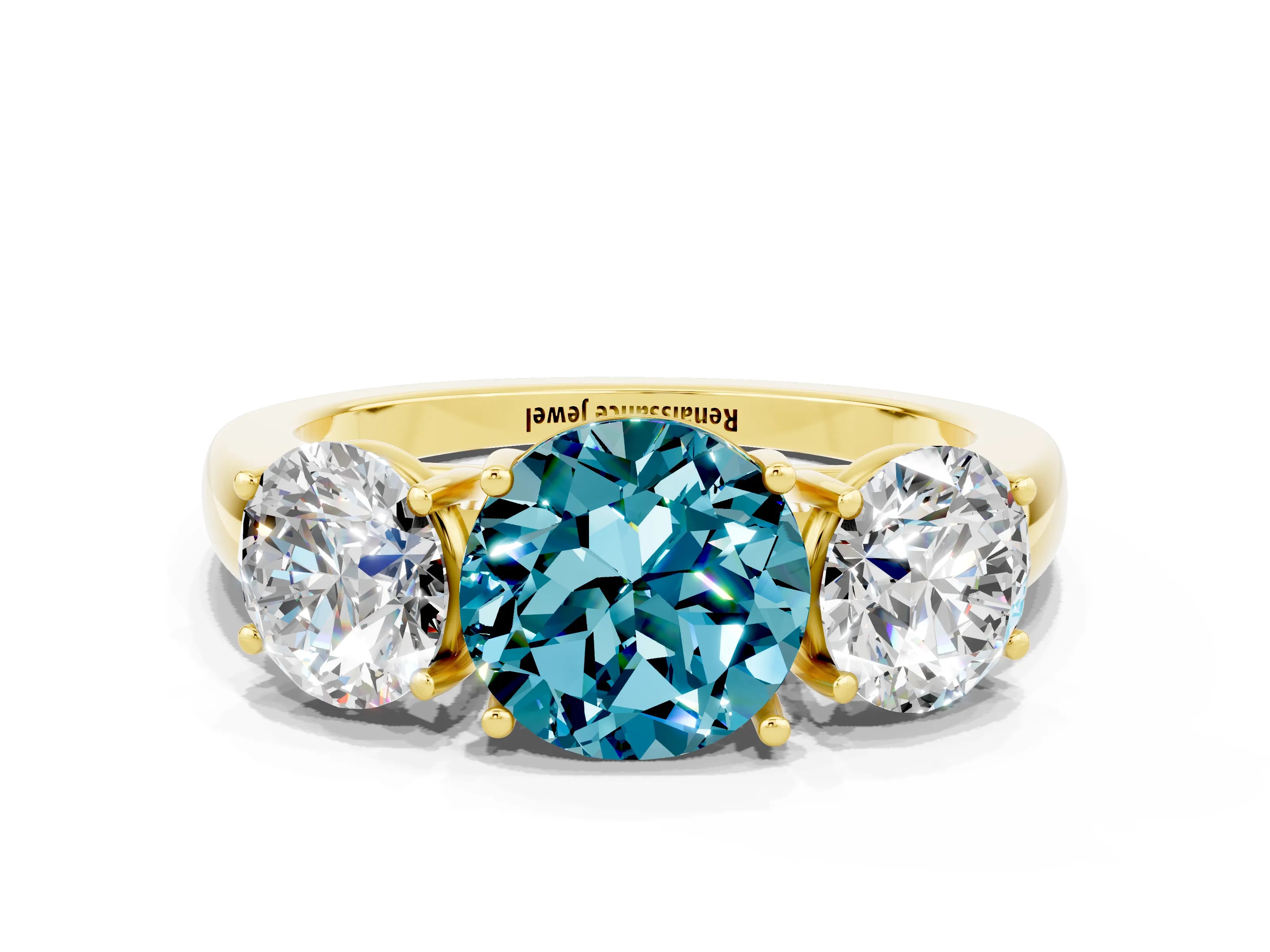 Yellow gold Round Cut Blue Topaz Three-Stone Ring with Four-Prong Setting and Classic Band