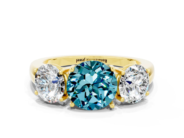 Yellow gold Round Cut Blue Topaz Three-Stone Ring with Four-Prong Setting and Classic Band