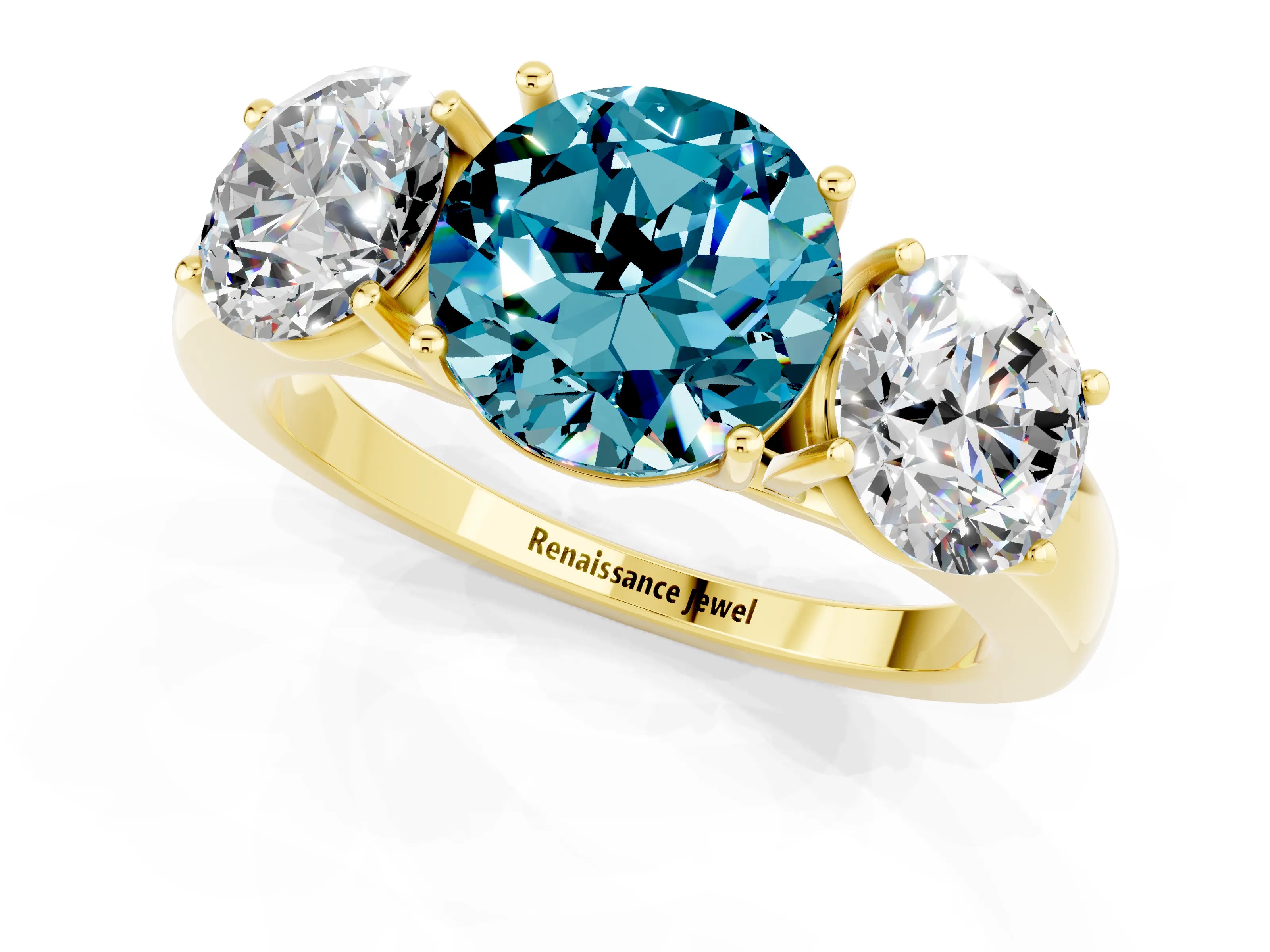 Yellow gold Round Cut Blue Topaz Three-Stone Ring with Four-Prong Setting and Classic Band_1