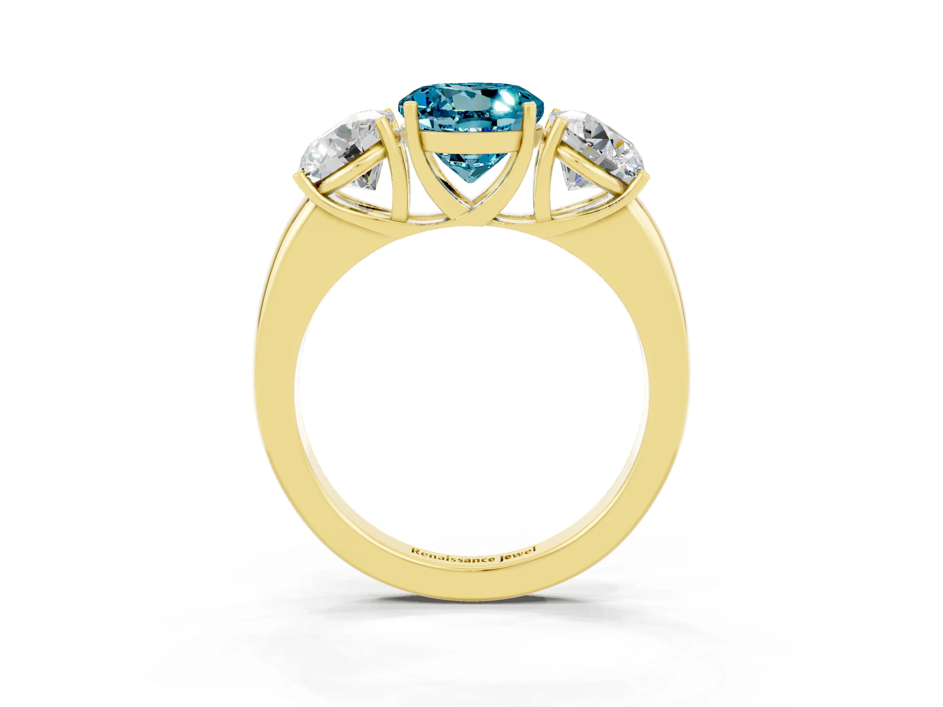 Yellow gold Round Cut Blue Topaz Three-Stone Ring with Four-Prong Setting and Classic Band_3