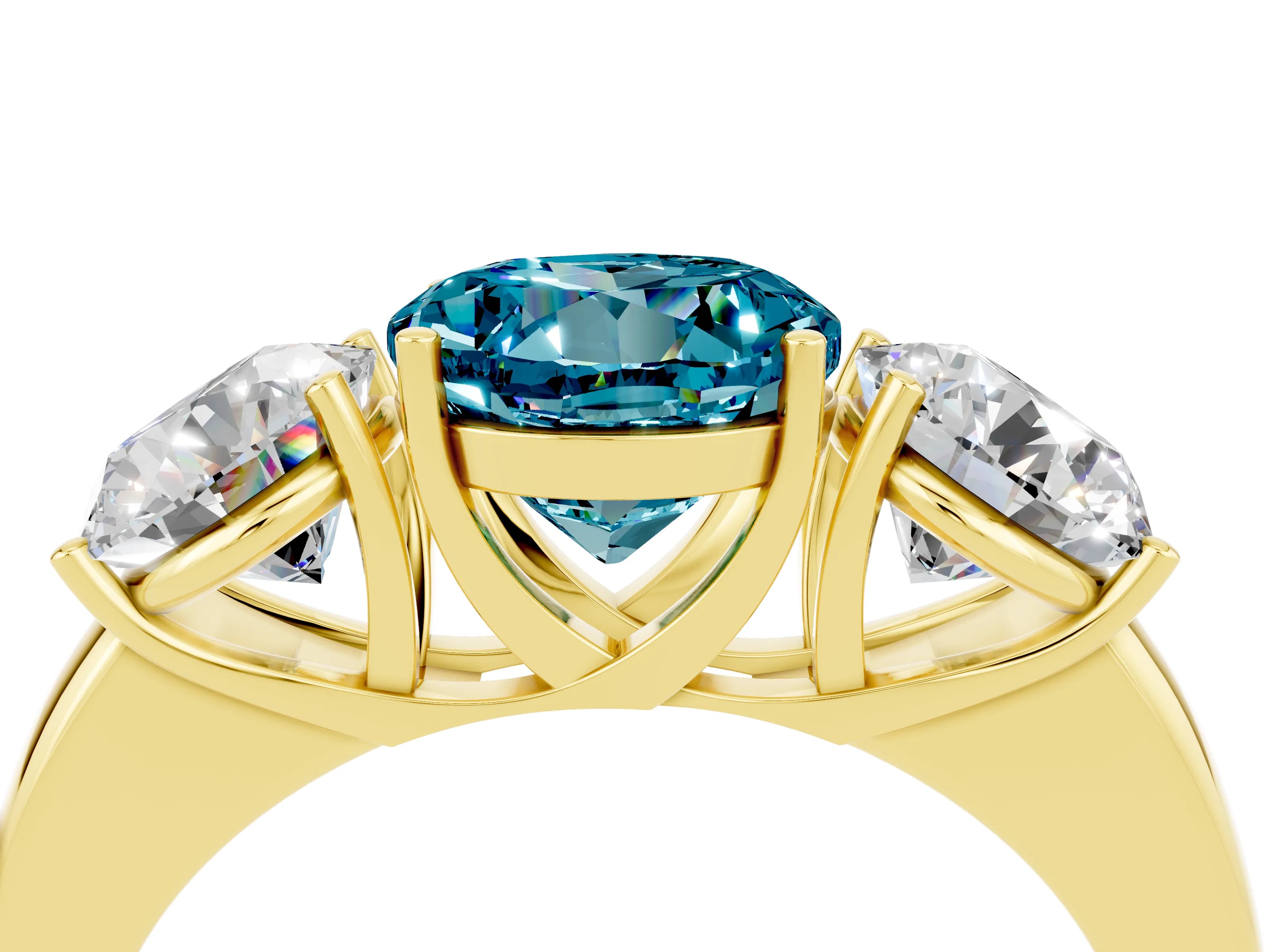 Yellow gold Round Cut Blue Topaz Three-Stone Ring with Four-Prong Setting and Classic Band_4