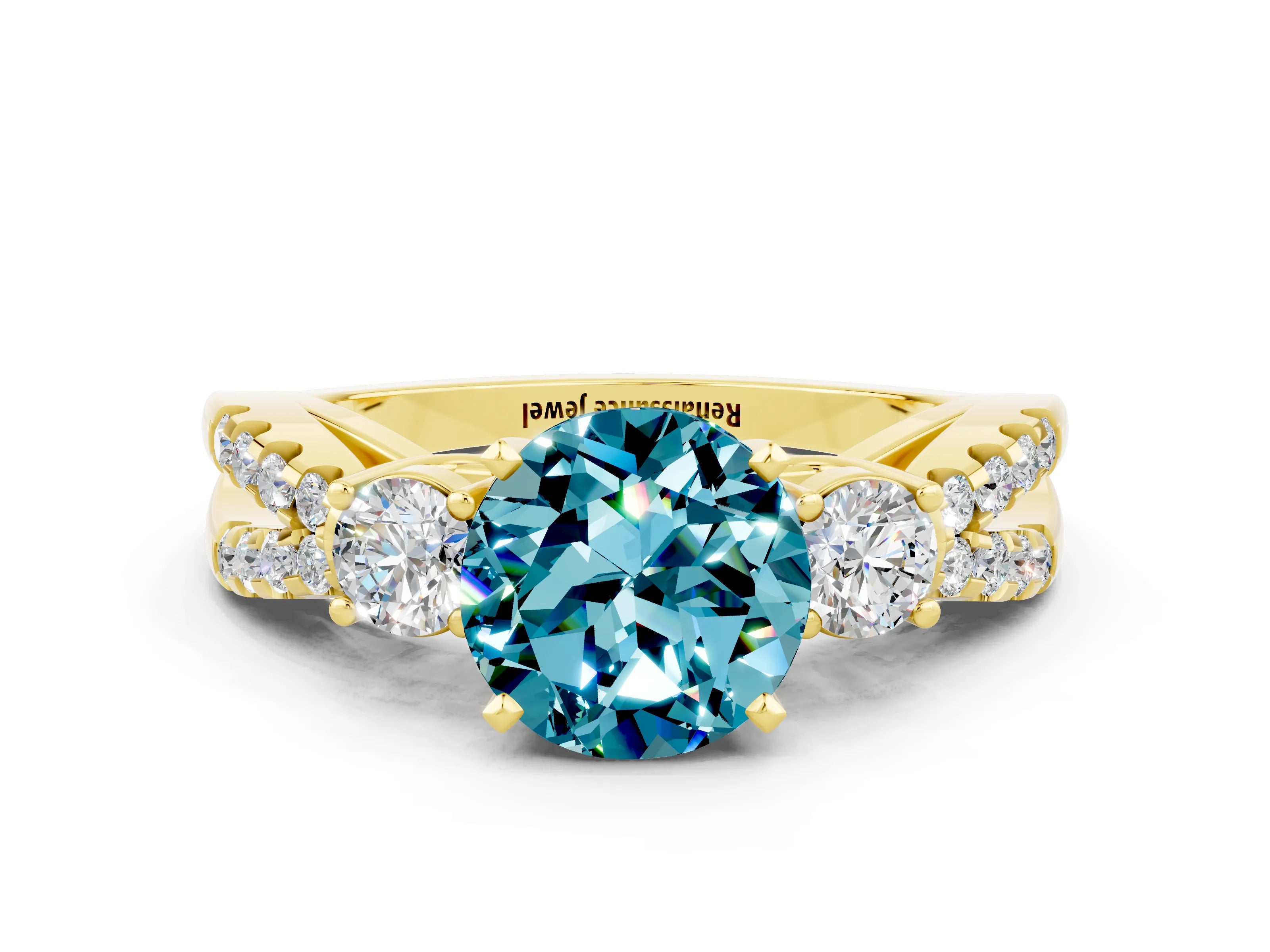 Yellow gold Round Cut Blue Topaz Three-Stone Ring with Pavé Split Shank and Four-Prong Setting