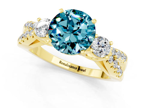 Yellow gold Round Cut Blue Topaz Three-Stone Ring with Pavé Split Shank and Four-Prong Setting_1