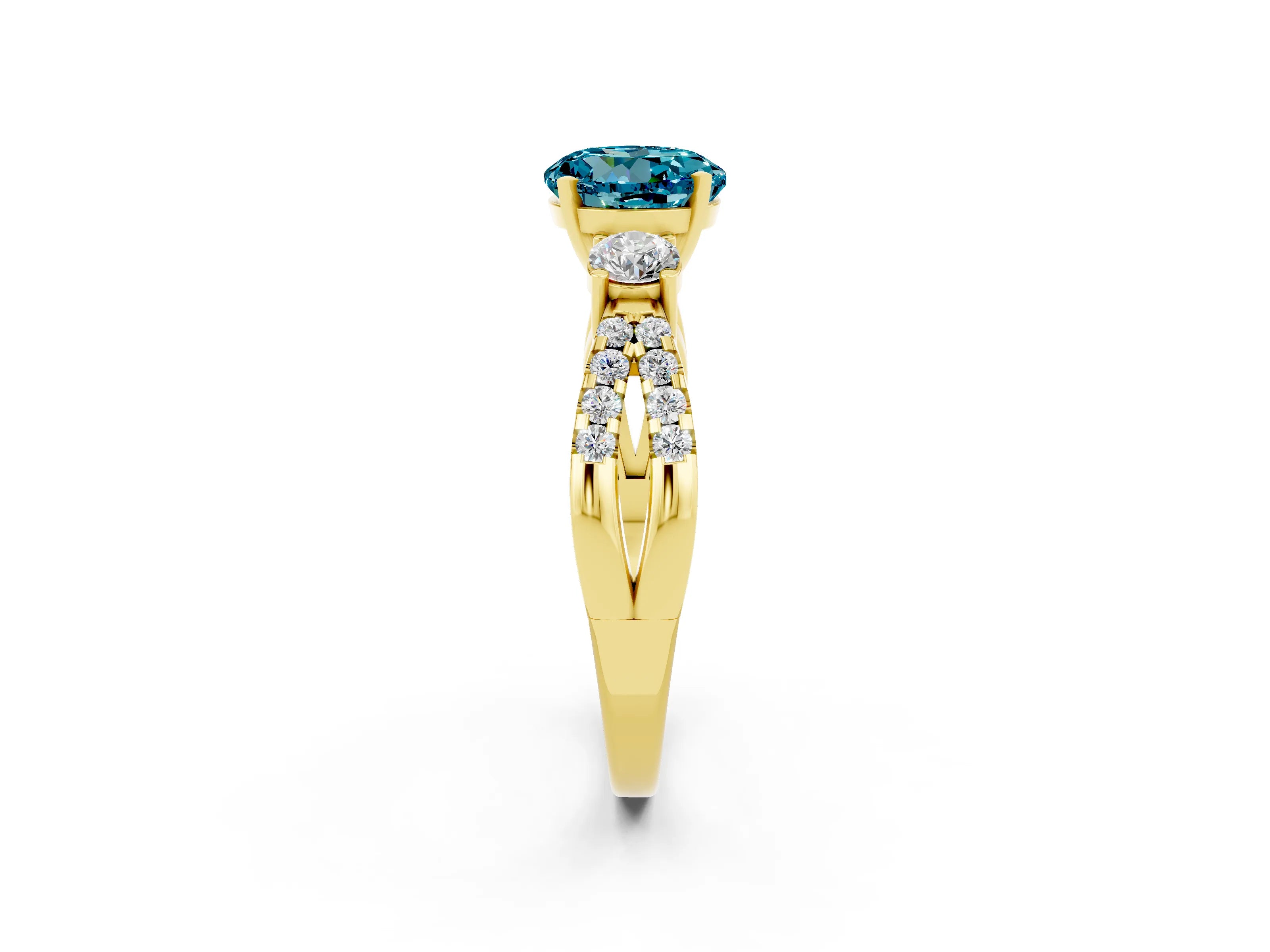 Yellow gold Round Cut Blue Topaz Three-Stone Ring with Pavé Split Shank and Four-Prong Setting_2