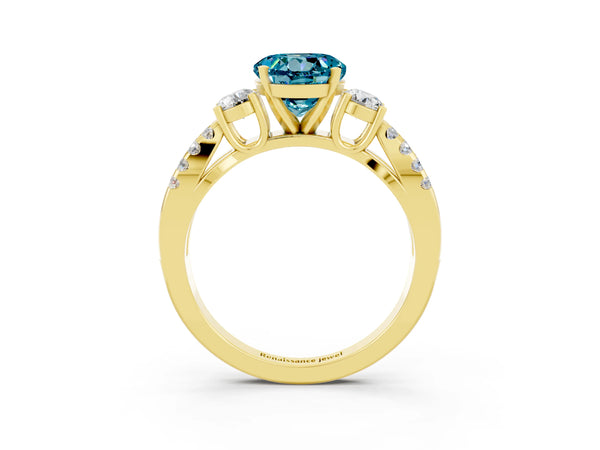 Yellow gold Round Cut Blue Topaz Three-Stone Ring with Pavé Split Shank and Four-Prong Setting