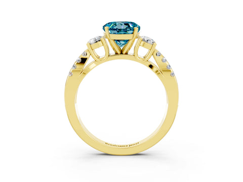 Yellow gold Round Cut Blue Topaz Three-Stone Ring with Pavé Split Shank and Four-Prong Setting_3