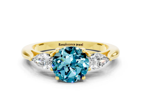 Yellow gold Round Cut Blue Topaz Three-Stone Ring with Pear Side Stones and Four-Prong Setting_12