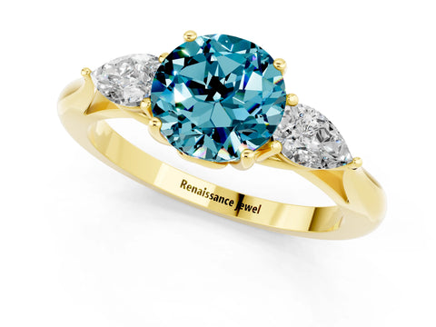 Yellow gold Round Cut Blue Topaz Three-Stone Ring with Pear Side Stones and Four-Prong Setting_13