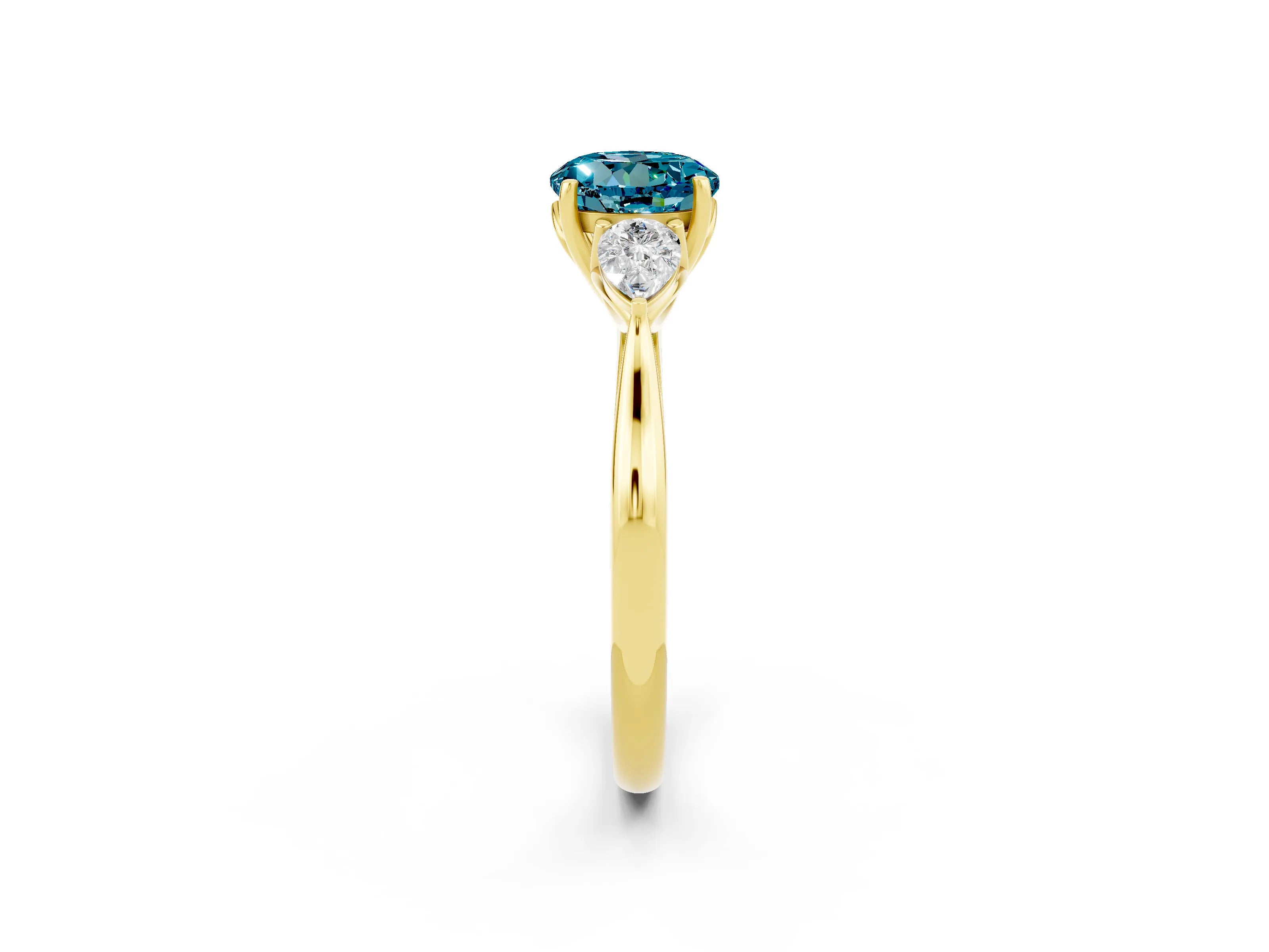 Yellow gold Round Cut Blue Topaz Three-Stone Ring with Pear Side Stones and Four-Prong Setting_14