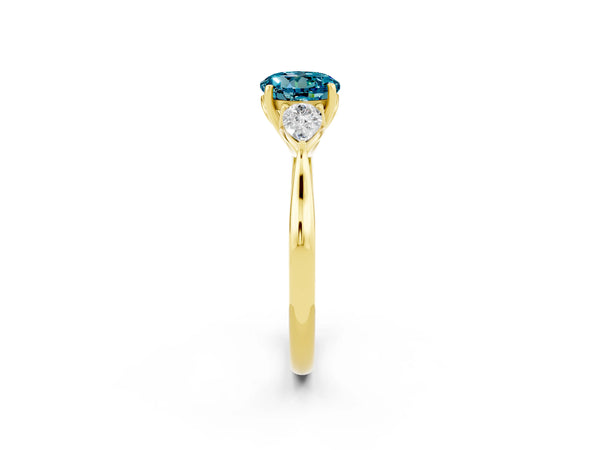 Yellow gold Round Cut Blue Topaz Three-Stone Ring with Pear  Side Stones and Prong Setting