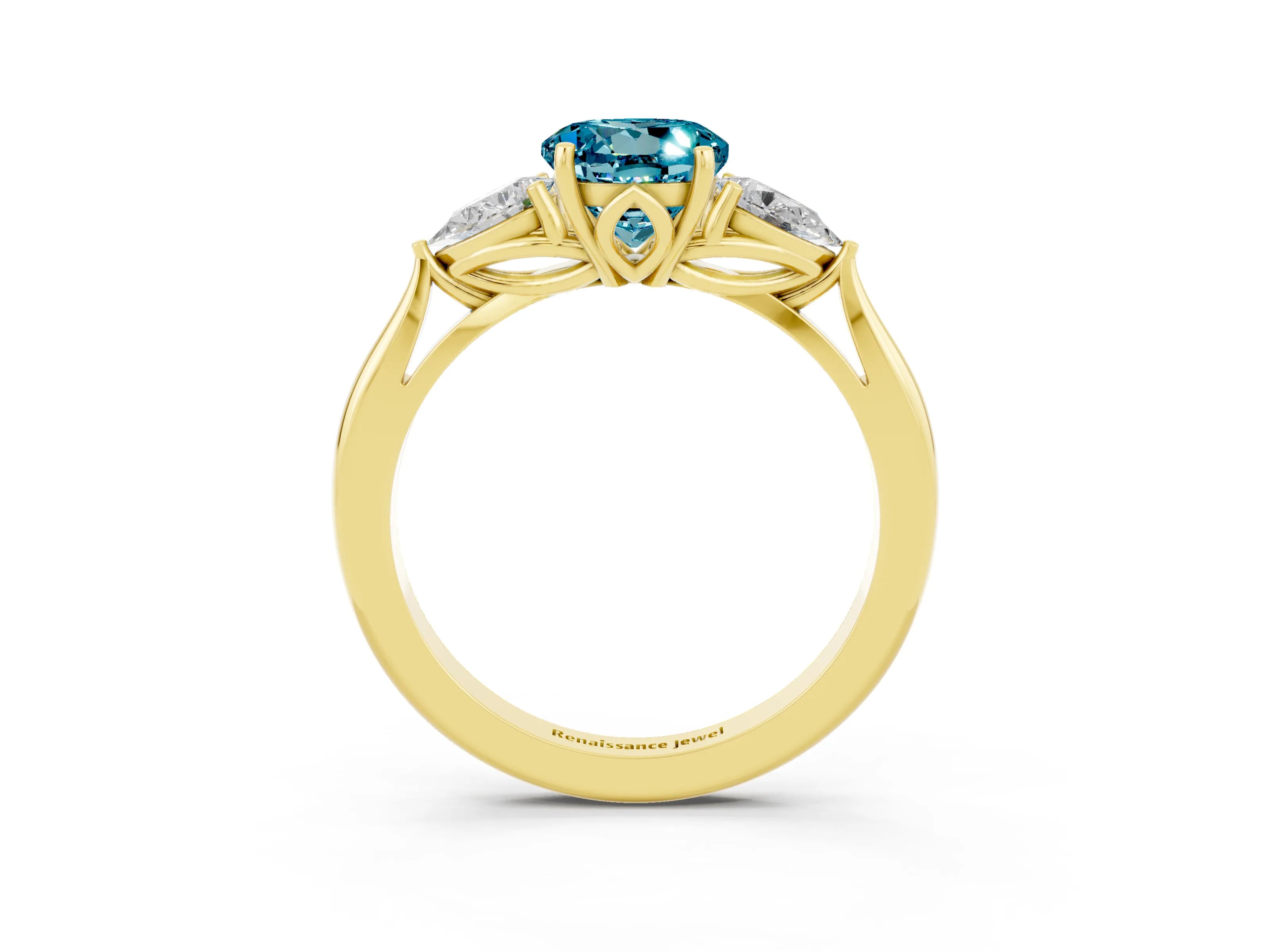 Yellow gold Round Cut Blue Topaz Three-Stone Ring with Pear Side Stones and Four-Prong Setting_15