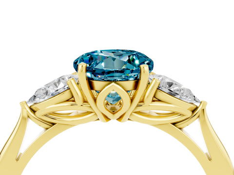 Yellow gold Round Cut Blue Topaz Three-Stone Ring with Pear Side Stones and Four-Prong Setting_16