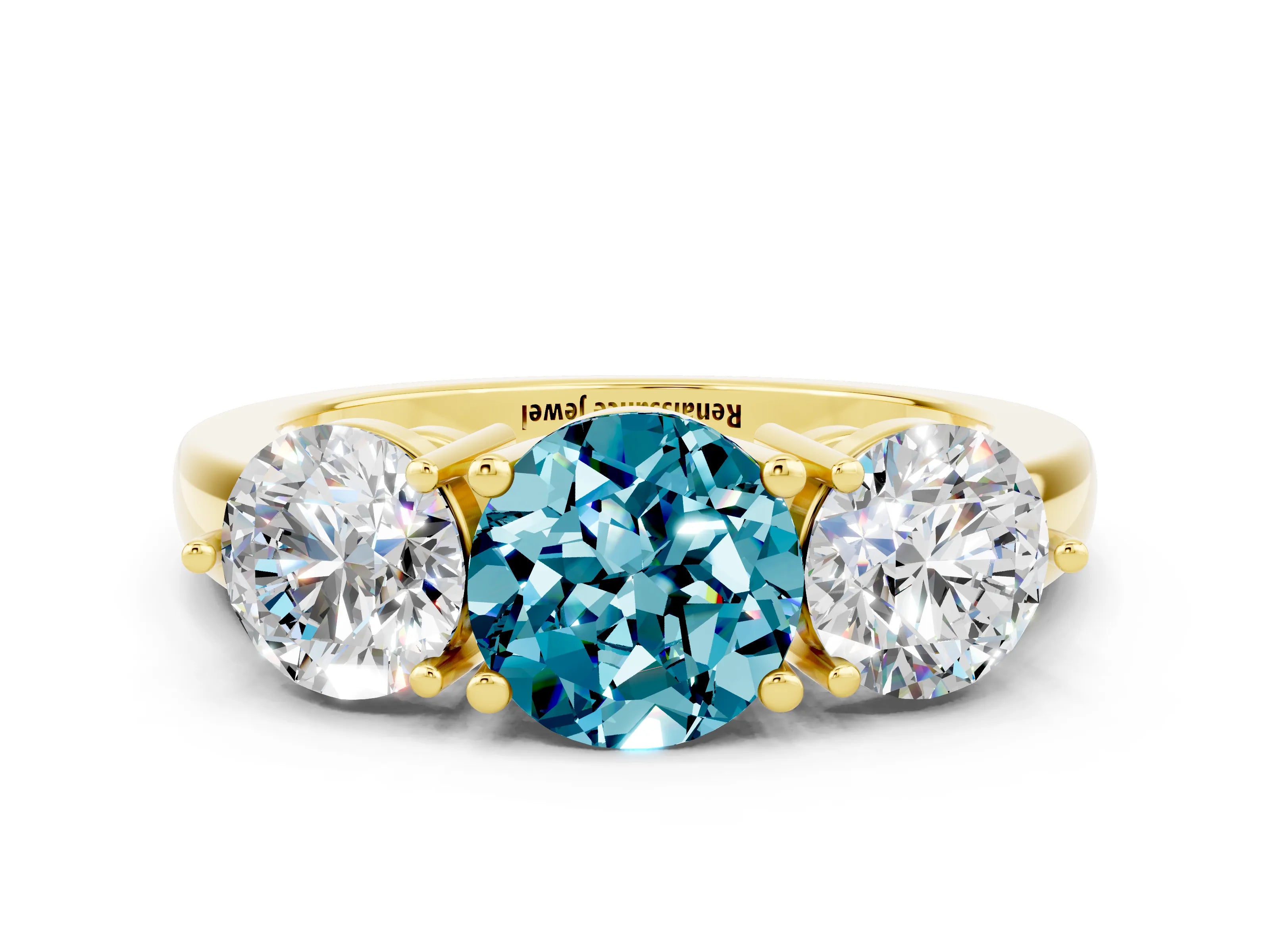 Yellow gold Round Cut Blue Topaz Three-Stone Ring with Prong Setting and Classic Band