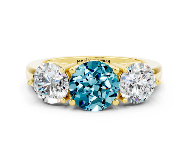 Yellow gold Round Cut Blue Topaz Three-Stone Ring with Prong Setting and Classic Band