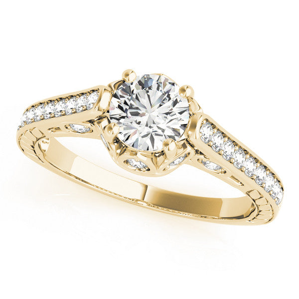 Yellow gold Round Cut Cathedral Pave Diamond Engagement Ring with Six-Prong Setting