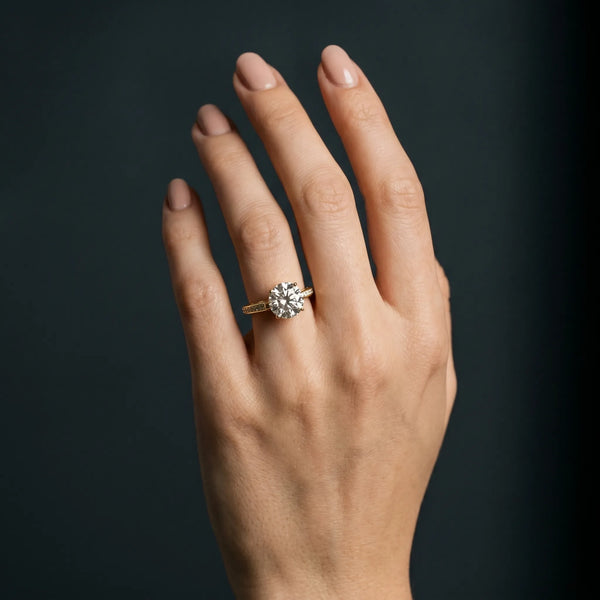 Yellow gold Round Cut Cathedral Pave Diamond Engagement Ring with Six-Prong Setting
