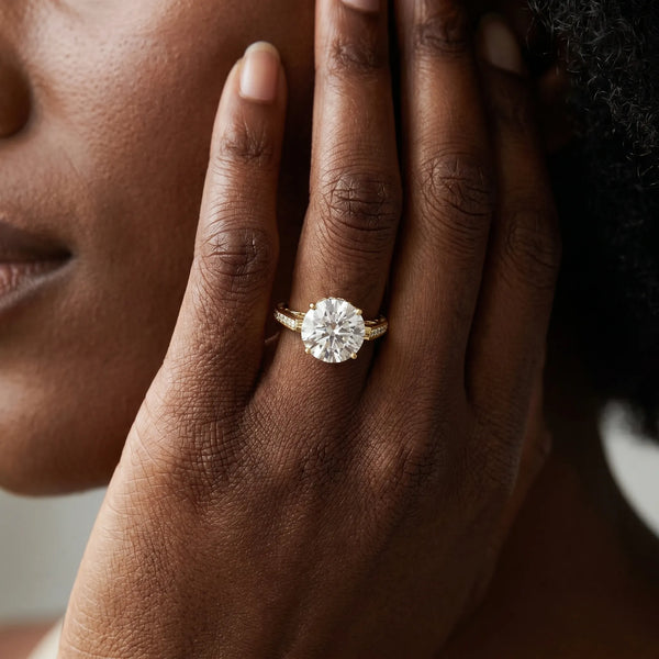 Yellow gold Round Cut Cathedral Pave Diamond Engagement Ring with Six-Prong Setting