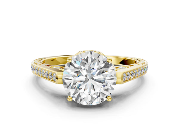 Yellow gold Round Cut Cathedral Pave Diamond Engagement Ring with Six-Prong Setting